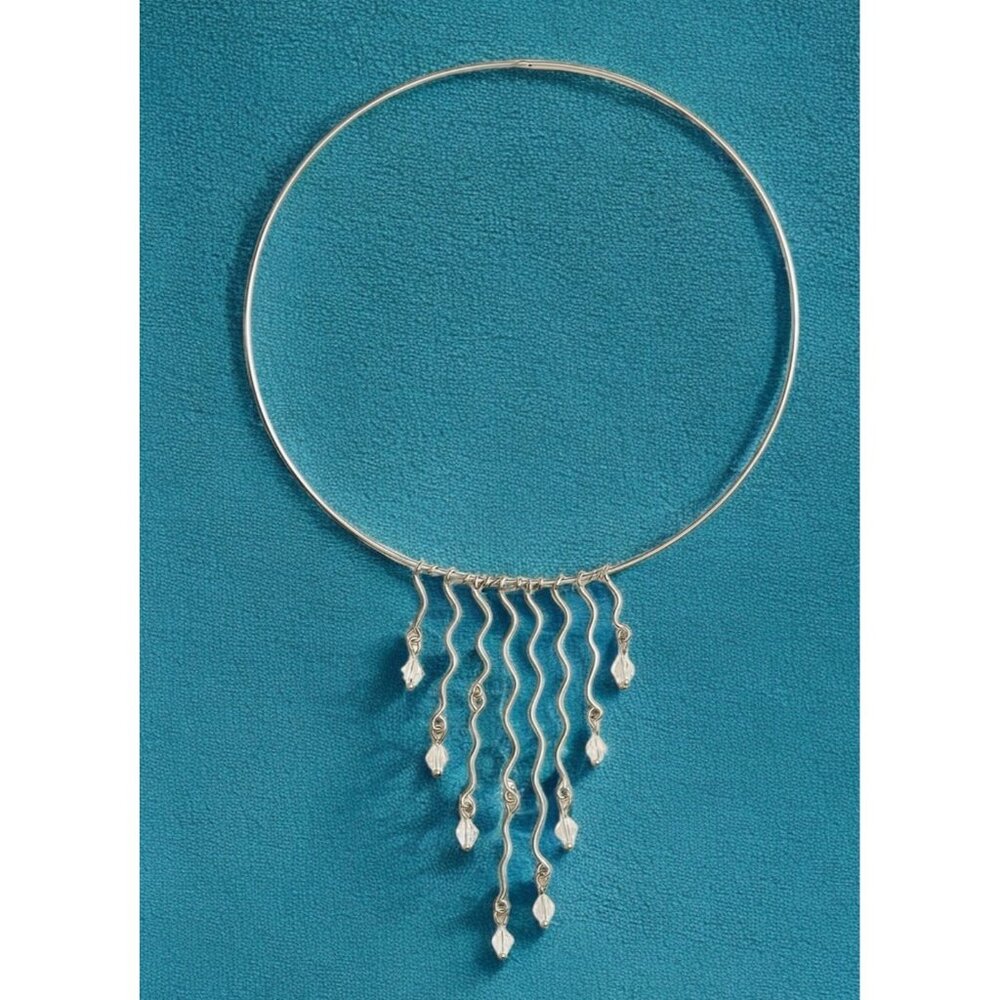 Silver Tone Hanging Crystal Beaded Wavy Fringed Chandelier Choker Necklace